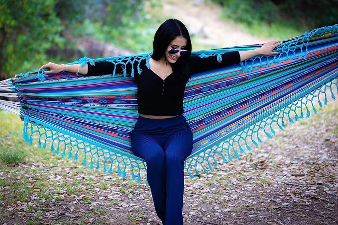 Boho Classic Hammock with Tassel, Handmade, Weather-Resistant, Hammock for Indoor & Outdoor, Lightweight Durable - for Patio, Porch, Backyard Lounging (Quilotoa Teal)