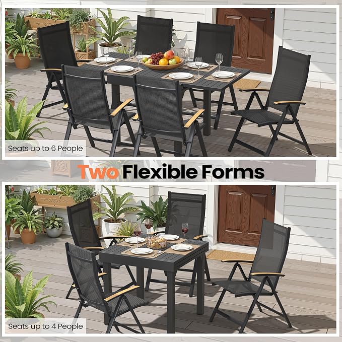 Pellebant 7 Pieces Aluminum Outdoor Dining Set for 6, Expandable Outdoor Dining Table and 6 Foldable Adjustable Backrest Chairs, Weather Resistant Outdoor Furniture Set for Deck, Porch & Backyard