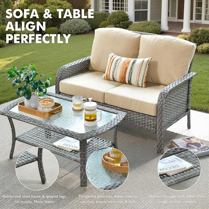 Weaxty Wicker Patio Furniture Set High Back Loveseat Sofa Couch Armchair Coffee Table, All Weather Rattan 4 Pieces Outdoor Conversation Sets for Patio Porch Deck Backyard Poolside, Beige