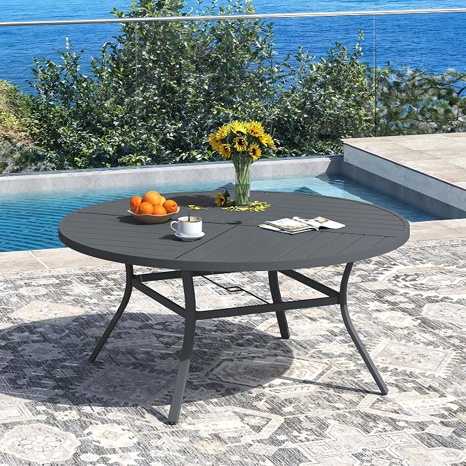 DIFY 9 Pieces Outdoor Dining Set, Metal Patio Table and Chairs Set for 8 with Umbrella Hole, 53.1" Round Dining Table and Textilene Stackable Patio Chairs for Garden Backyard Poolside, Grey