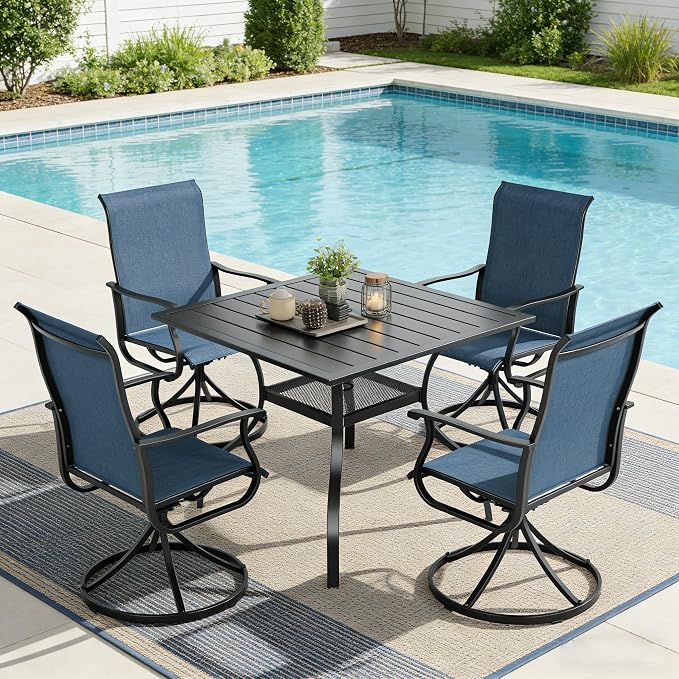 SUNCROWN 5-Piece Outdoor Patio Dining Set, All Weather Square Metal Table & 4 Dark Blue Swivel Textilene Mesh Chairs, Weather Resistant Patio Furniture for Deck Lawn Garden Backyard Poolside