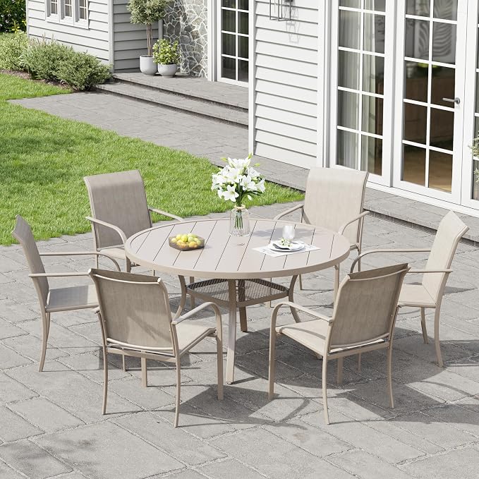 7 Pieces Patio Dining Set, 47" Round Dining Table with Umbrella Hole, 6 Stackable Textilene Fabric Chairs, Metal Structure for Patio, Porch, Garden(Sand Table, Sand Chair)