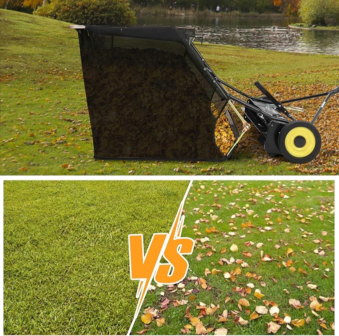 Heavy Duty Tow Behind Lawn Sweeper – 44-Inch Leaf & Grass Collector – Large Capacity Push Mower – Adjustable Height – Dumping Rope – Fits Ride-On Mowers – 44-Inch Black Upgraded Version