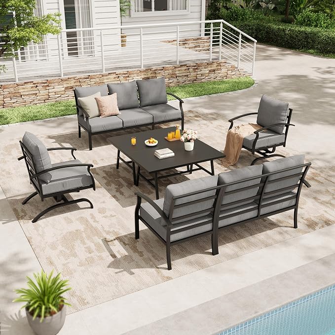 Metal Patio Furniture Set,6 Pieces 8 Seats Patio Sectional Outdoor Furniture Set with 2 Rectangular Coffee Tables,Patio Conversation Sets with 5.1" Thickened Cushions,Grey