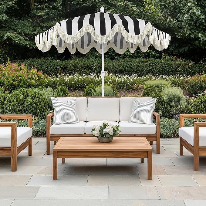 Eyely BMU1001 Halden 9 ft. Classic Cottage Tassel Market Patio Umbrella with Auto-Tilt, Crank