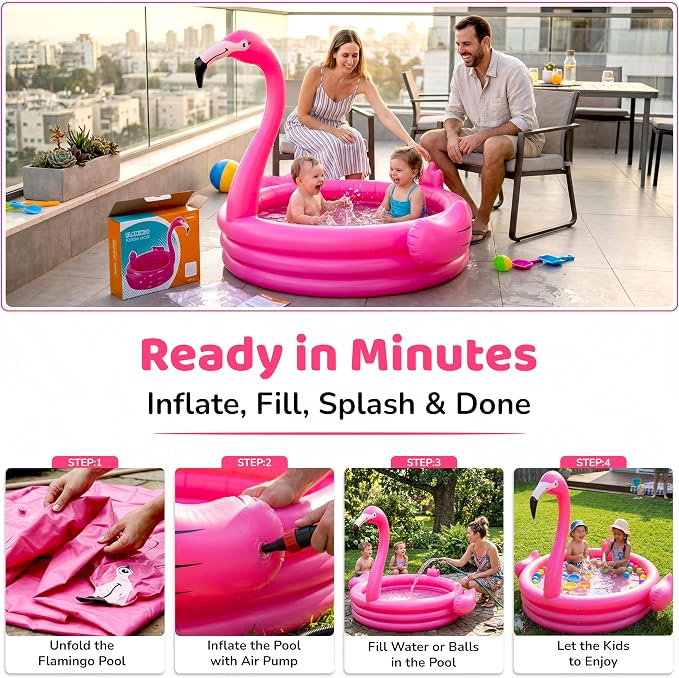 Pink Flamingo Kiddie Pool 48” Inflatables Pool for Kids Holds 65 Gallons of Water - Baby Blow Up Swimming Fun for Kids 1-3 - Portable Backyard Water Play Pools for Boys & Girls