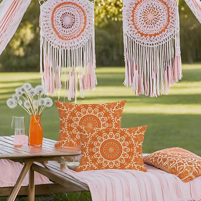 Fall Orange Outdoor Pillow Covers 12x20 Waterproof Mandala Bohemian Accent Lumbar Throw Pillow Covers for Patio Garden Couch Hippie Room Decor