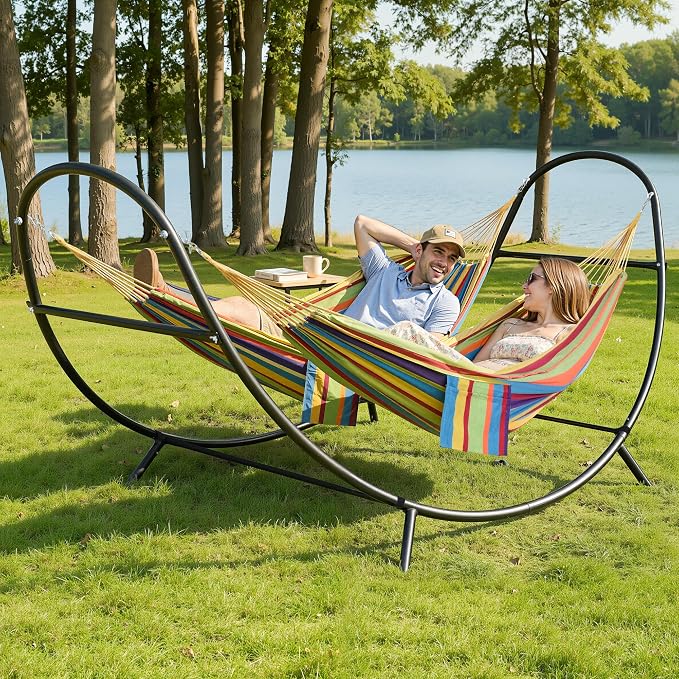 SUNCREAT Hammocks for Outside with Stand, Porch Hammock and Stand, 475 lbs Capacity, Patent Pending, Rainbow
