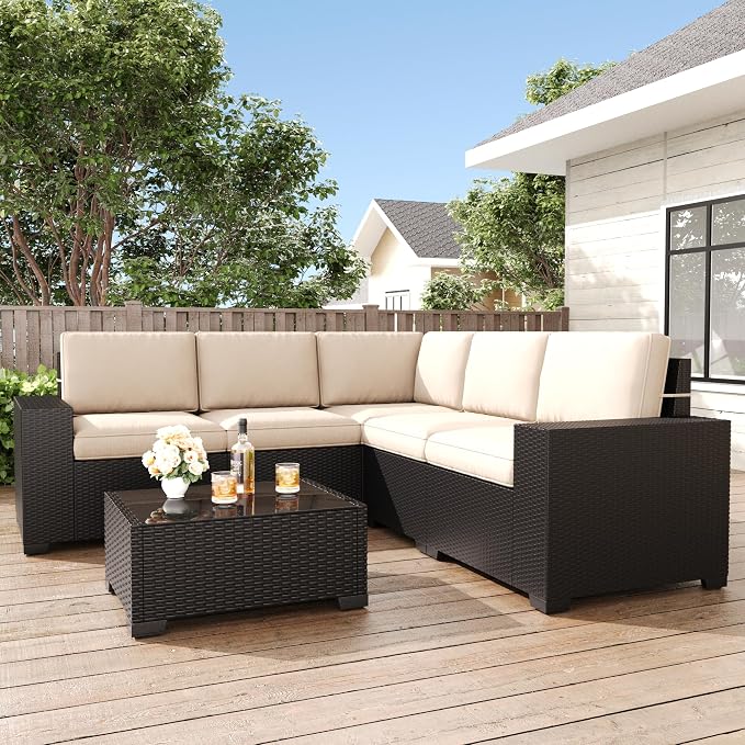 LayinSun 6 Pieces Patio Furniture Set, Black Rattan Modular Sectional Outdoor Conversation Sofa Set