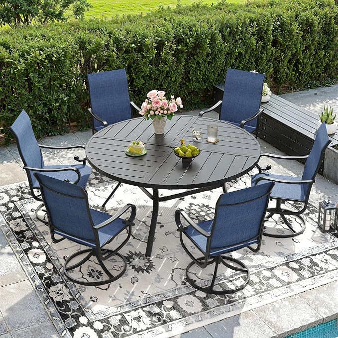 DIFY 7 Piece Outdoor Dining Set for 6, 50" Black Round Metal Dining Table with Umbrella Hole and Swivel Patio Chairs with Blue Textilene Fabric, Patio Table and Chairs Set for Garden Backyard Deck