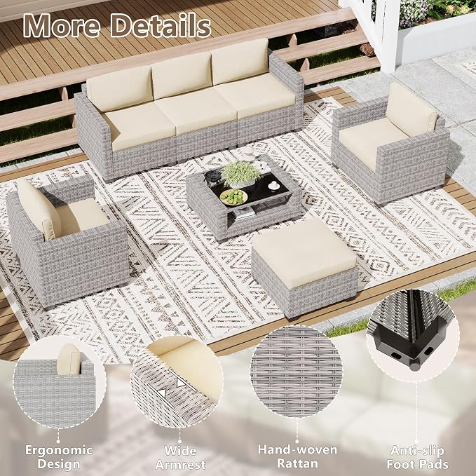 LOUVIXA 7 Piece Outdoor Patio Furniture Set, Rattan Chairs Glass Table Wicker Conversation Seating Sectional Sofa with Cushions (Grey White-Beige, 7Pcs-2 Layer Coffee Table)