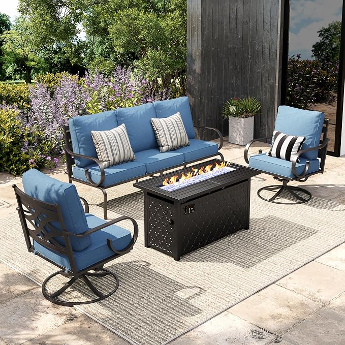 Sophia & William Patio Conversation Set for 5, 3-Seater Sofa, 2 Swivel Chairs and a 45" Fire Pit Table, Metal Outdoor Furniture with 5.75" Extra Thick Cushions, Navy