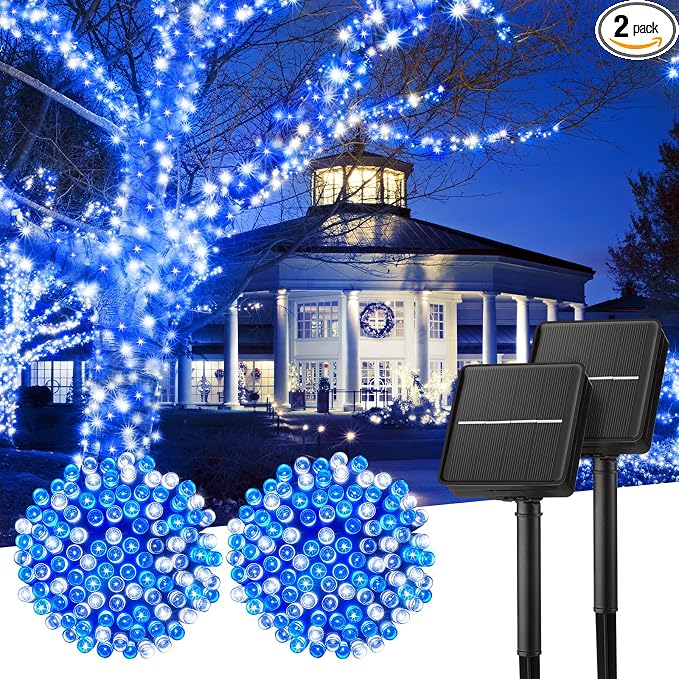 Minetom Solar Christmas Lights Outdoor Waterproof, 2Pack Total 80FT 200 LED | Solar Christmas Outdoor Decoration with 8 Modes, Solar String Lights for Outside House Tree Yard Garden, Blue & Pure White