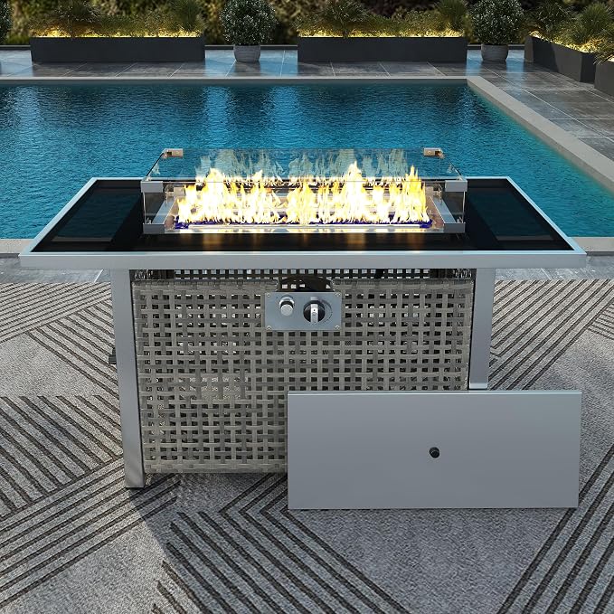 43" Propane Gas Fire Pit Table, 60000 Btu Rectangular Open Weave Wicker Fire Pit with Glass Wind Guard for Outside Patio Deck Garden Backyard - Grey