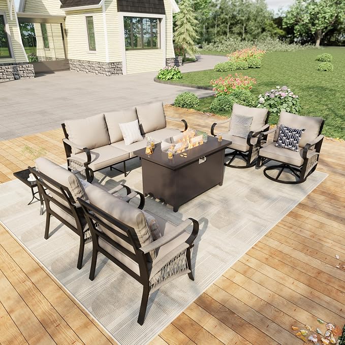 7 Pieces Outdoor Patio Conversation Sets, Outdoor Furniture Set Metal 3-Seater 2 Swivel Rockers with Side Table 2 Single Chairs with Fire Pit Table for Backyard Deck Porch Poolside, Beige