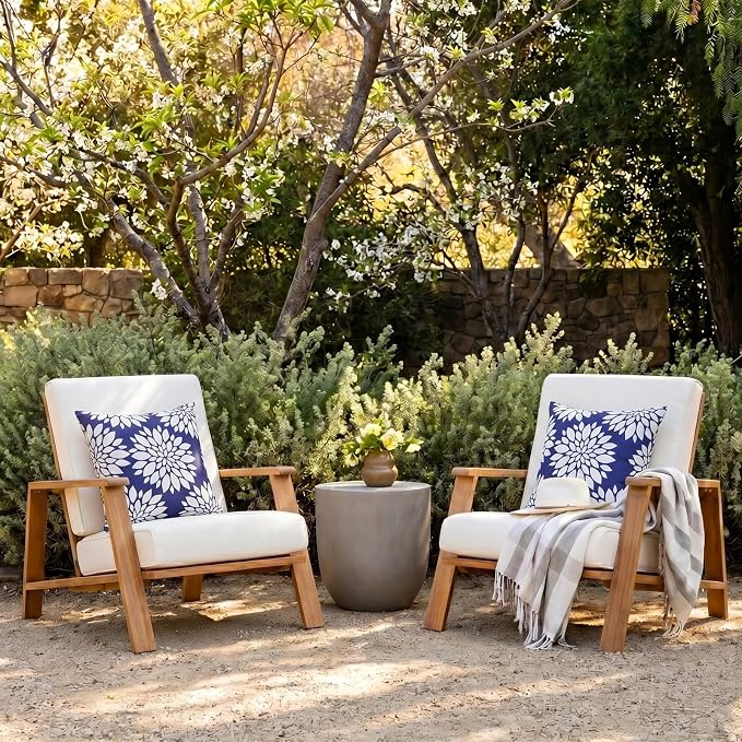 Blue Outdoor Floral Pillow Covers Waterproof 18x18 Set of 2, Outdoor Decorative Throw Pillows Waterproof For Patio Furniture Porch, Navy Blue and White Summer Patio Chair Cushion Covers 18 x 18