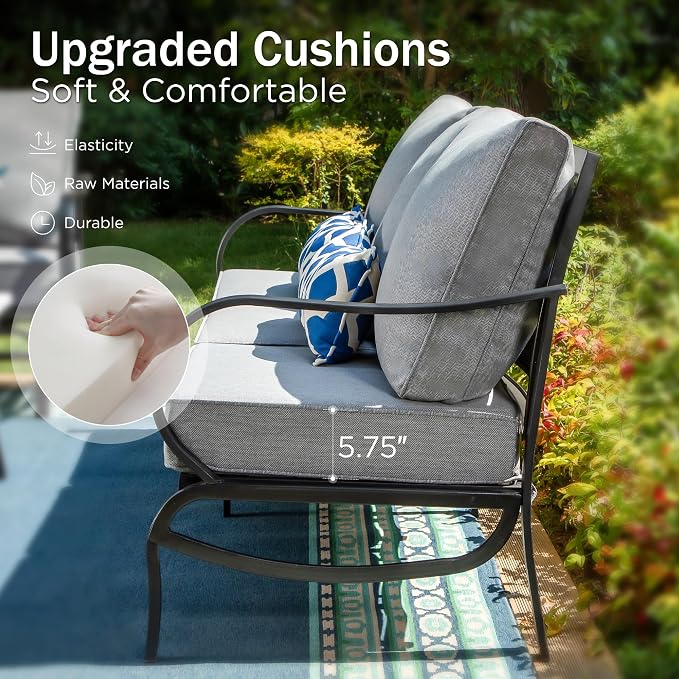 PHI VILLA 5 PCS Patio Furniture Set,Metal Deluxe Patio Set with 1 x 3 Seater Deep Seating Bench, 2 x Swivel Sofa Chairs & 2 x Metal Cushioned Ottoman, Outdoor Patio Set for Garden, Grey