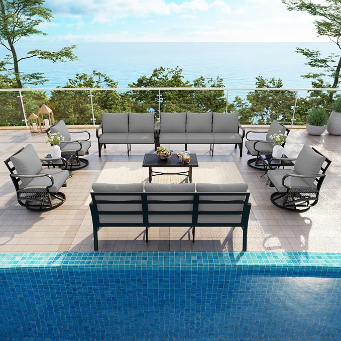10 Pieces Patio Conversation Sets, All-Weather Metal Swivel Rocking Chairs with Rope Furniture Set, Outdoor Sofa Couch for Deck, Porch, Garden, Backyard, Poolside (Gray Cushions)