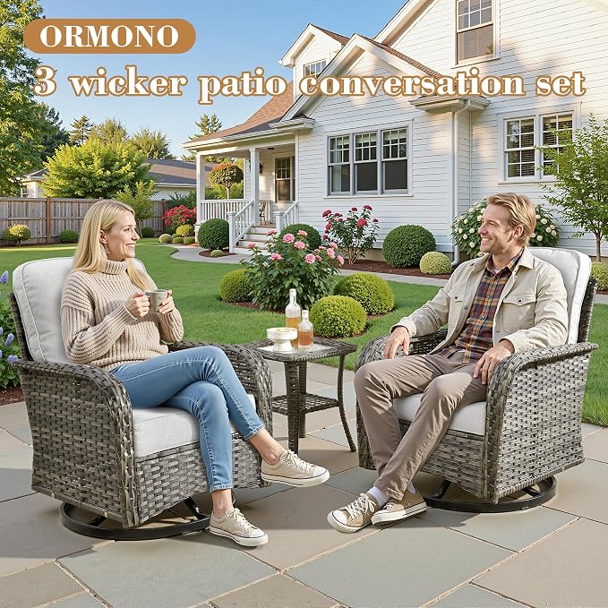 3 Pieces Patio Furniture Set, High Back Outdoor Swivel Rocker Chairs, Wicker Outdoor Furniture with Swivel Rocking Chairs and Side Table for Porch, Backyard, Balcony, Balcony,Grey