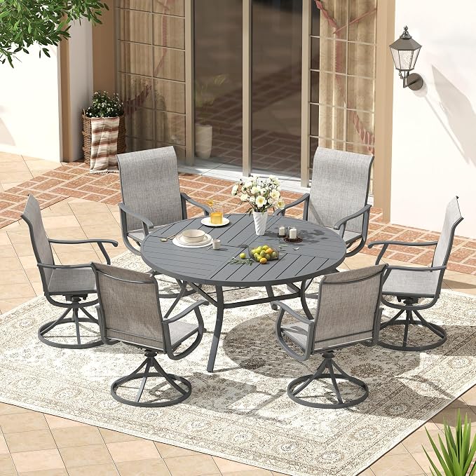 VICLLAX Patio 7 Pieces Outdoor Dining Set, 50" Round Metal Table with Umbrella Hole and 6 Swivel Textilene Chairs for Lawn, Garden, Porch,Dark Grey/Grey