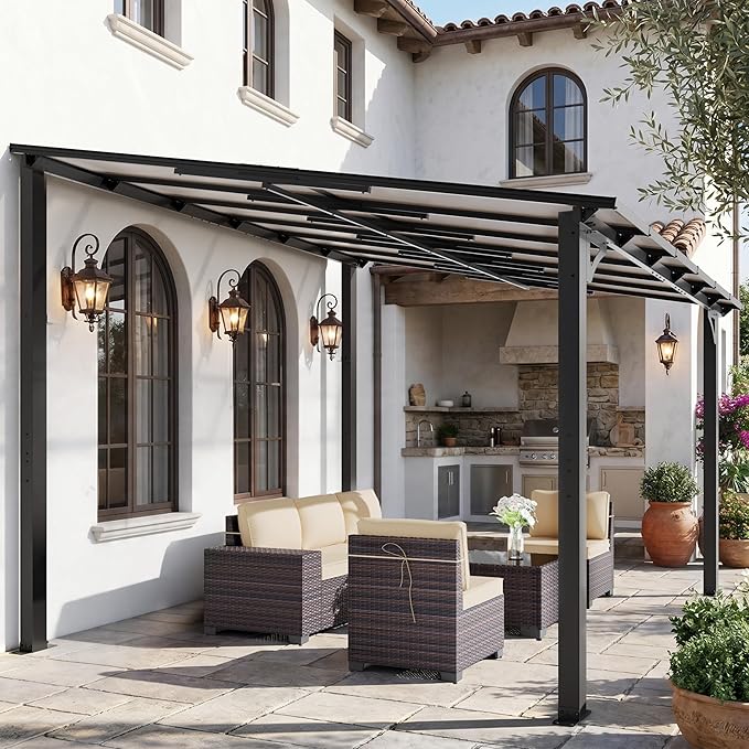 ALAULM 10'x 12' Outdoor Hardtop Pergola,Wall Mounted Lean to Gazebo with Sloped Sun Panel Roof,Galvanized Metal Frame,Sunshade for Patio, Backyard, Deck and Poolside
