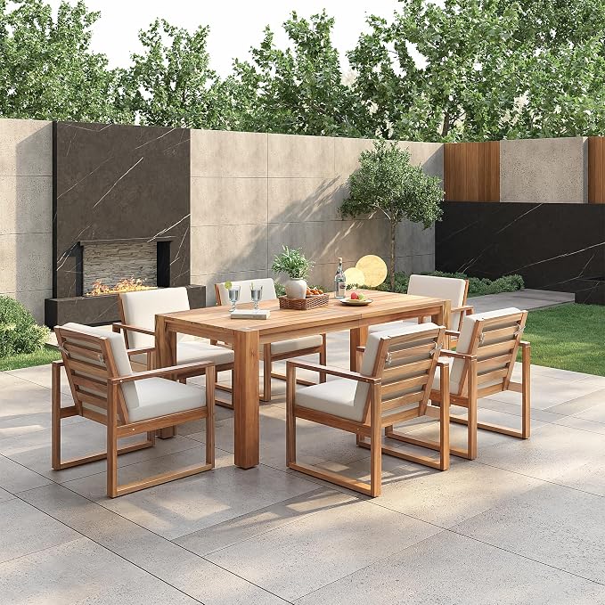 Rustic 7 Piece Patio Table and Chairs Set, Outdoor Dining Set for 6 with Umbrella Hole and Removable Cushion,for Garden Backyard Lawn Poolside (Light Teak#X)