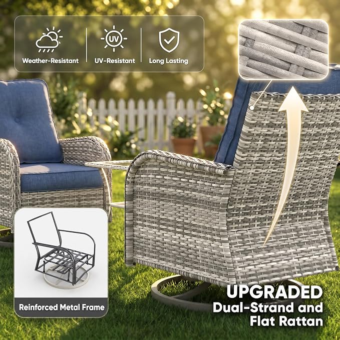 3-Piece Small Patio Furniture Set, Outdoor Swivel Rocking Chairs Set with Wicker Chairs and Tempered Glass Side Table, Outdoor Furniture Patio Bistro Set for Balcony, Deck, Porch
