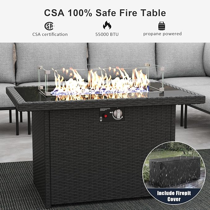 LayinSun 9 Pieces Aluminum Patio Furniture Set, Modern Modular Sectional Sofa with Fire Pit Table and Upgrade Thickness Cushion