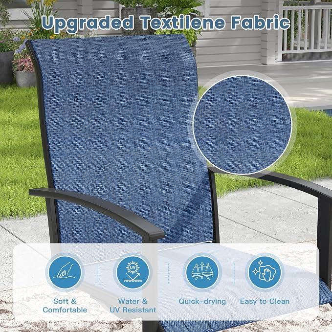 DIFY 9 Pieces Outdoor Dining Set, Metal Patio Table and Chairs Set for 8 with Umbrella Hole, 59.8" Black Round Table and Blue Textilene Swivel Patio Chairs for Garden, Backyard, Poolside