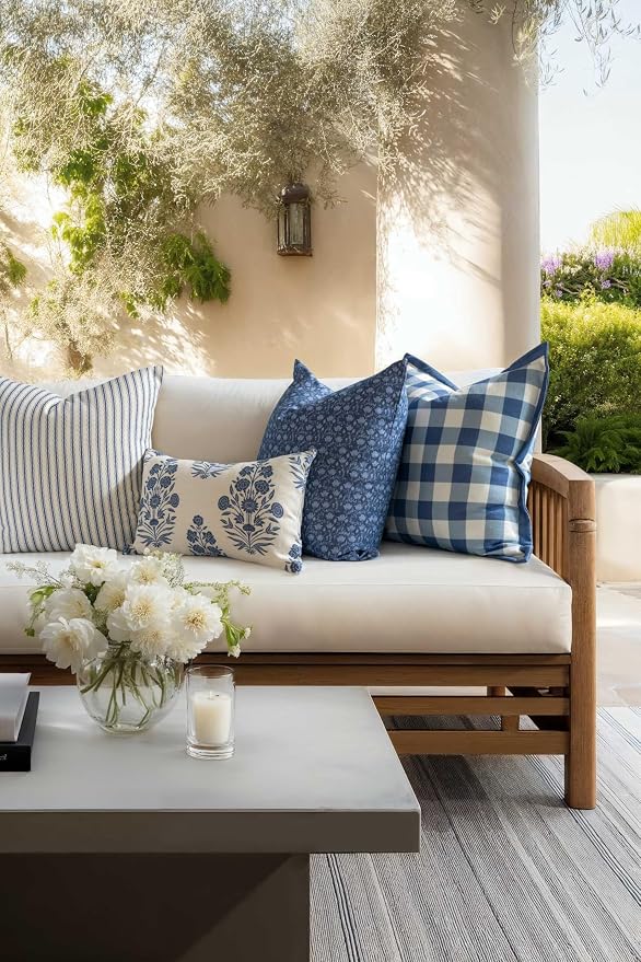 California Casual Coastal Indoor Outdoor Throw Pillow Cover, 22"x22" Water Repellent for Patio, Backyard, Couch, Poolside, Azure Blue Print Gingham