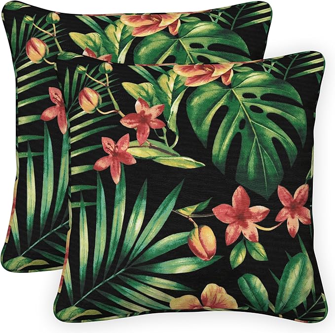 Honeycomb Outdoor Square Toss Pillow Covers, 18 x 18, 2-Pack | Oahu Tropical Black Slipcovers, Water & Fade Resistant for Patio Furniture Set, Cover Only, No Insert