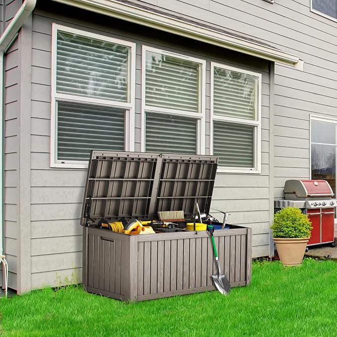 Outdoor Storage Box 181GAL Waterproof Resin Deck Box,Pool Accessories Supplies，UV-Resistant Lockable Package Delivery Bin for Garden Tools,Large Patio Outside Cushions,Chest,Furniture,Grey