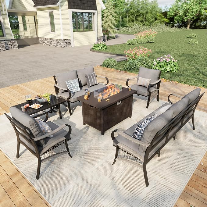 6 Pieces Patio Furniture Set, Metal Outdoor Conversation Sets with Fire Pit Table for Backyard Garden Deck Porch Poolside (Thick Gray Cushions)