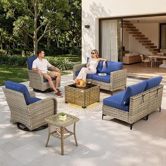 8 Pieces Patio Furniture Set, Outdoor Conversation Set with 360° Swivel Rocker Chairs, Wicker Sectional Sofa & Solar Powered Lighted Table, High Back Outdoor Furniture for Backyard Porch, Navy Blue