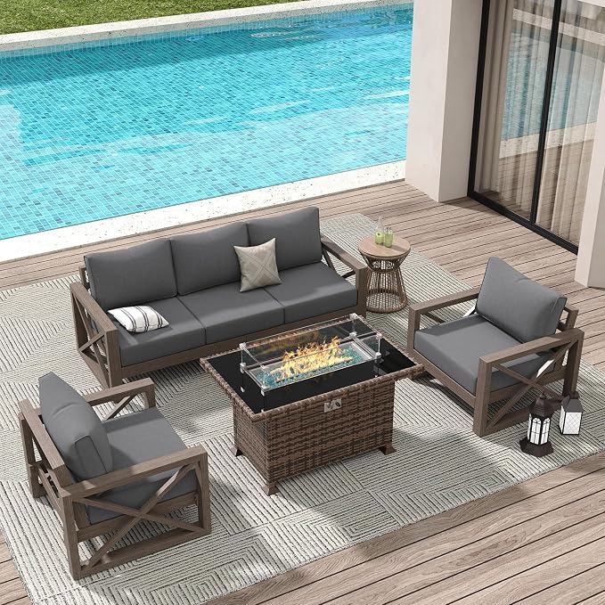 Amopatio Aluminum Patio Furniture Set with Fire Pit, 6 Pcs Metal Patio Sofa Sets with Glass Top Fire Pit Table, Modern Outdoor Furniture with 6" Cushion, Dark Grey (Included Waterproof Covers)