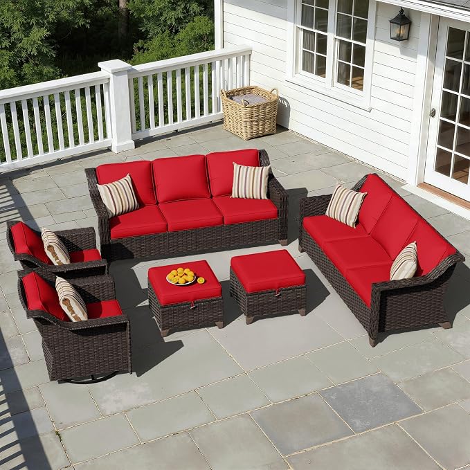 6 Pieces Patio Conversation Furniture Set - 2 Sofas, 2 Swivel Chairs, 2 Ottomans, Outdoor Wicker Furniture with Removable Cushions for Porch, Balcony, Sunroom (Red)
