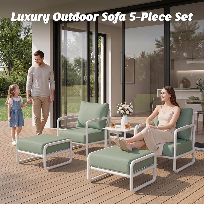 Outdoor Aluminum Patio Furniture Set with with 6.5" Thick Cushions,3-Piece Outdoor Sectional Conversation Set with 2 Ottomans, All-Weather Patio Set for Backyard & Deck，White