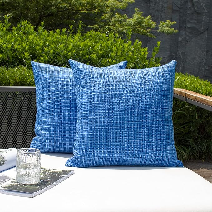 Kevin Textile Outdoor Waterproof 24x24 Inch Pillow Covers 2 Pack, Blue | Water Resistant, Faux Linen Yarn-dyed, Woven Texture Euro Throw Pillow Covers for Tent Patio Garden Couch Sofa