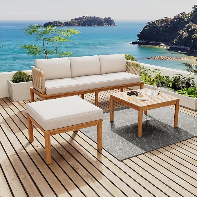 JIVOIT 3-Piece L-Shape Outdoor Furniture Set, Outdoor Acacia Wood and Rope Patio Sofa Set, Conversation Set with Acacia Wood Coffee Table and Ottoman for Backyard Porch Garden