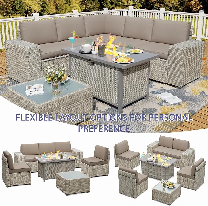 7 Piece Patio Furniture Set with 50,000 BTU Rattan Fire Pit Table that Converts to Coffee Table, 9.8" Wide Arm Sectional Sofa with Storage Armrests, Outdoor Rattan Conversation Set, Khaki