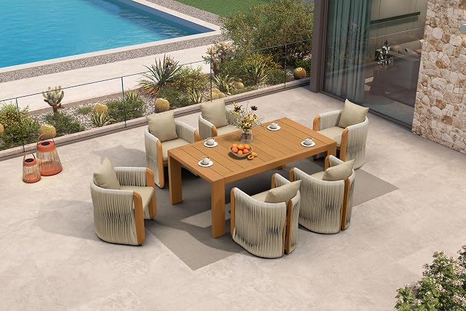 PURPLE LEAF Outdoor Dining Set for 6 with Blended Olefin Cushion Aluminum Luxury Patio Furniture Table and Chairs Set All Weather Wicker Patio Dining Sets for Backyard Garden Deck Poolside, Teak