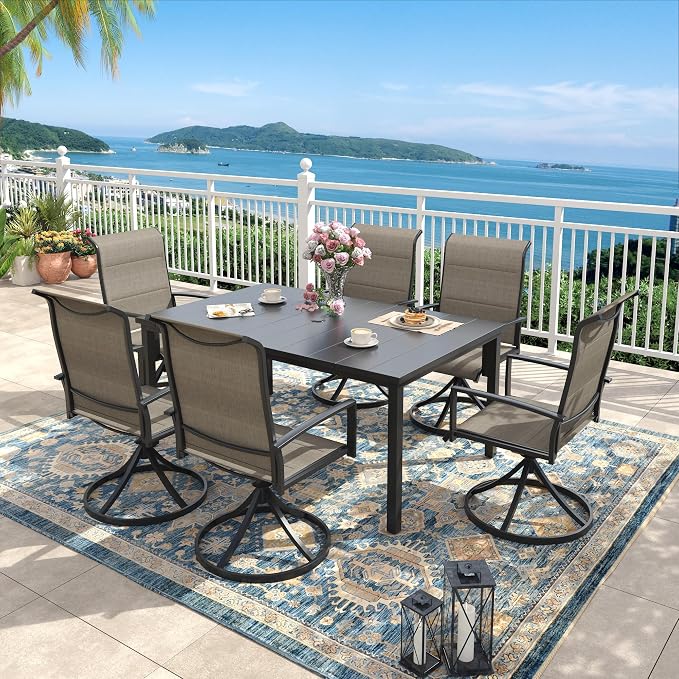 Outdoor Dining Set for 6, 63" Outdoor Dining Table with Umbrella Hole and Padded Textilene Patio Swivel Chairs, 7 Pieces Patio Table and Chairs Set for Garden Backyard, Mixed Brown and Black