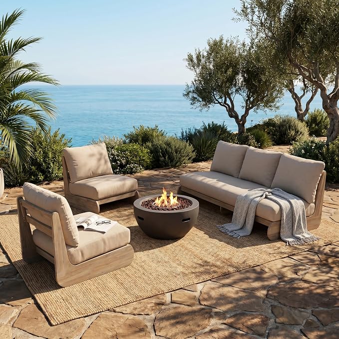 Christopher Knight Home Isabel 5-Seater Outdoor Patio Furniture Set with Cushions, Acacia Wood Patio Conversation Set with 3-Seater Sofa & Club Chairs, 3 Piece Sectional Sofa Set, Light White + Sand