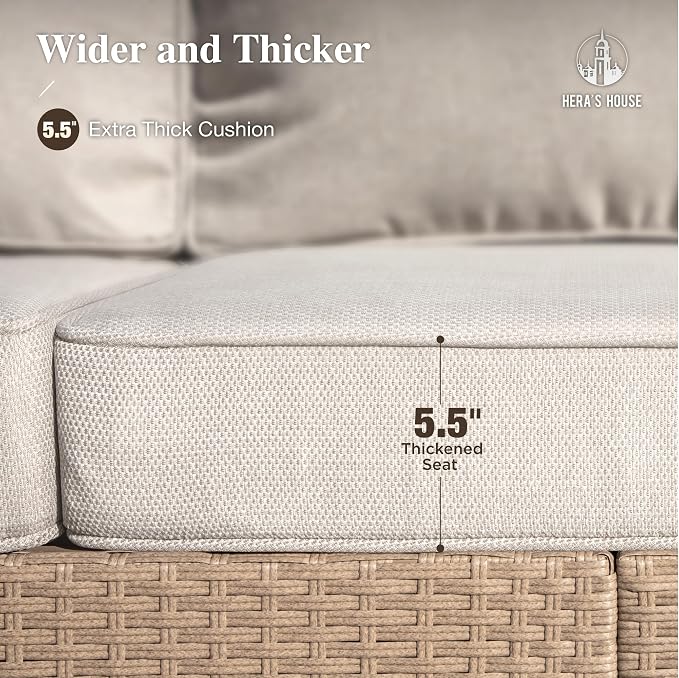 HERA'S HOUSE 5 Pieces Patio Furniture Set, All Weather 7 Seats Outdoor Wicker Sofa with Ottoman, 5.5" Thick Waterproof Cushion Conversation Set for Garden Deck Backyard, Beige