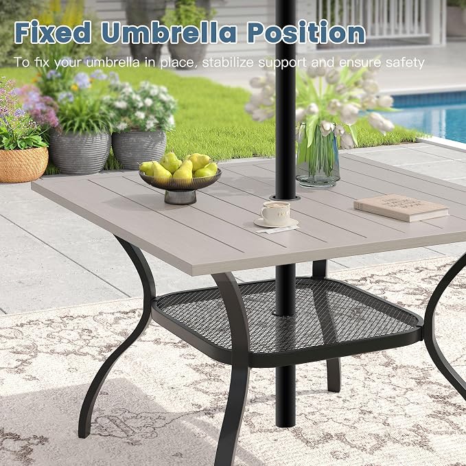 DIFY 5 Piece Outdoor Patio Dining Set for 4, 37.8" Grey Wood-Like Square Metal Dining Table & Swivel Patio Chairs with Sandshell Padded Textilene, All-Weather Outdoor Furniture Set for Garden Backyard
