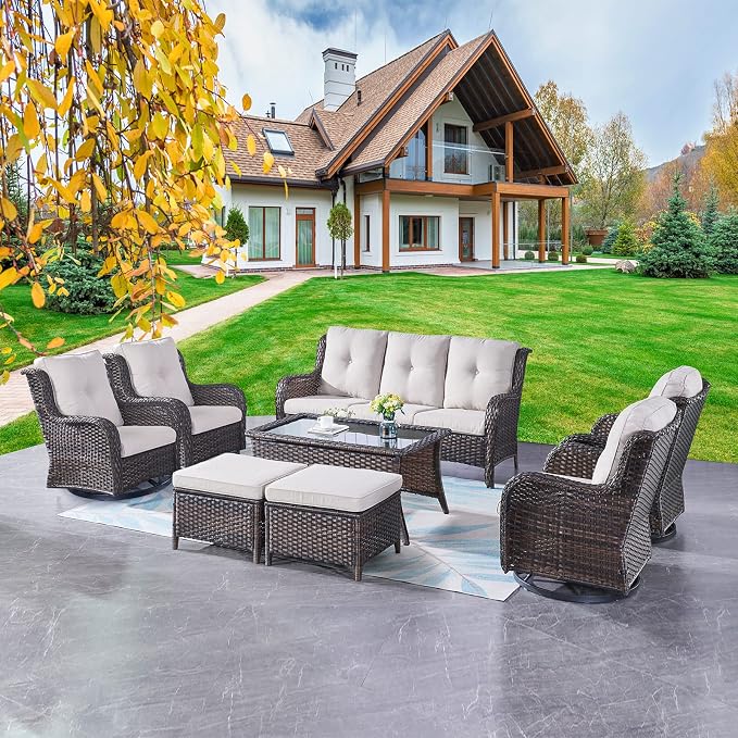 Rilyson Wicker Patio Furniture Set - 8 Piece Rattan Outdoor Sectional Conversation Sets with 4 Swivel Rocking Chairs,2 Ottomans,1 Sofa and 1 Coffee Table for Porch Deck Garden(Brown/Beige)