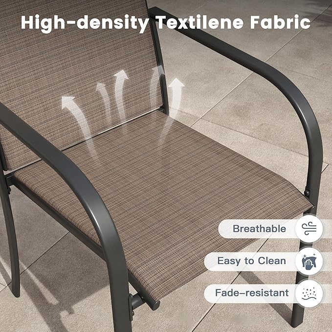 VICLLAX 7 Pieces Patio Outdoor Dining Set, 59" Metal Dining Table with Umbrella Hole and 6 Stackable Textilene Chairs for Patio, Lawn, Garden, Porch, Black Table/Brown Chair