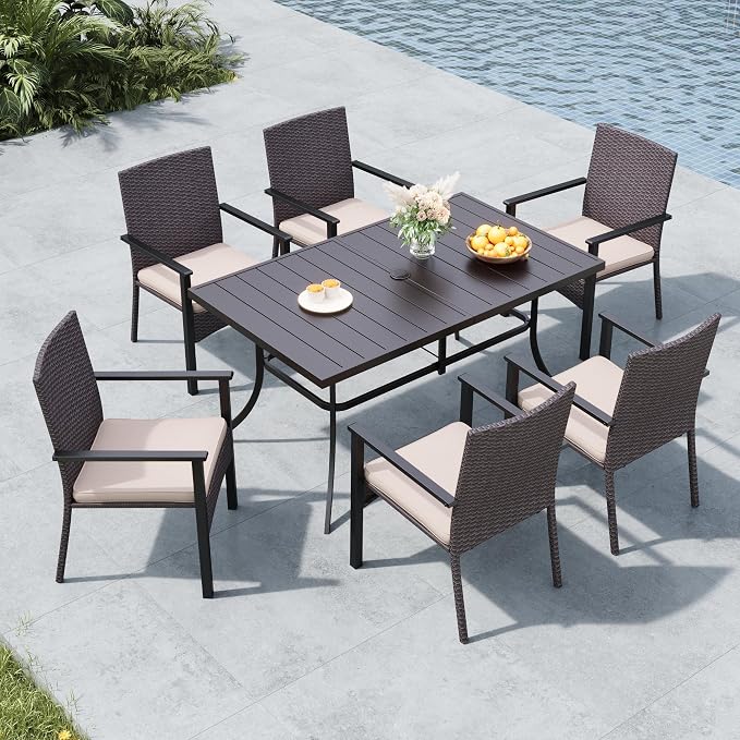 MFSTUDIO 7 Pieces Patio Dining Set for 6, 60" Rectangular Metal Table & Wicker Chairs, Outdoor Dining Furniture Table and Chairs for Backyard, Porch