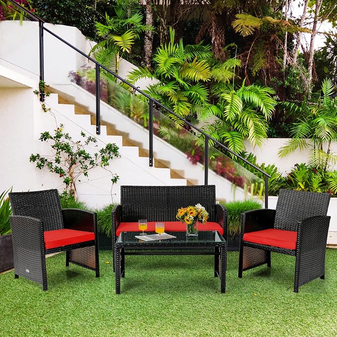 Tangkula 4 Pieces Rattan Furniture Set, Outdoor Conversation Set w/Chair & Loveseat & Tempered Glass Coffee Table, Suitable for Garden, Backyard, Poolside, Patio Furniture Set for 4 (1, Red)