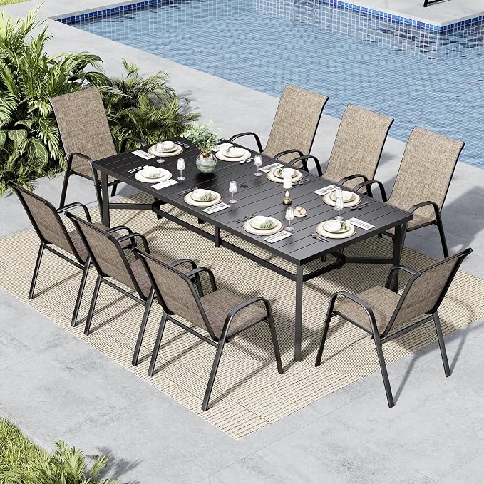 MFSTUDIO Patio Dining Set for 8, Outdoor Table and Chairs Set for Deck Yard Garden, 9 Piece Patio Furniture Dining Set with Stackable Chairs
